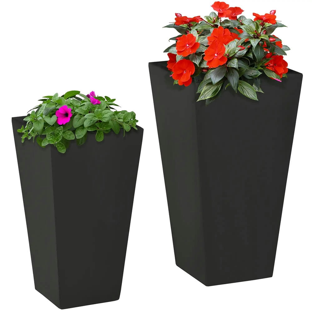 Spaco 22in & 18in 2-Pack Outdoor Planter Set, Flower Pots with Drainage Holes, Durable & Stackable Plant Pot, for Porch, Entryway, Patio, Yard, Garden, Black