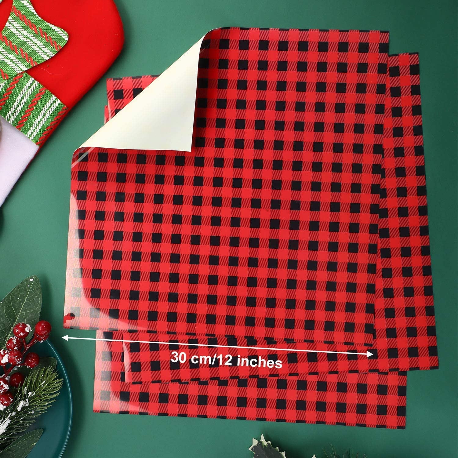 4 Sheets New Year Red and Black Plaid Christmas PU Buffalo Plaid Heat Transfer Vinyl 12 x 12 Inch Iron-on Buffalo Plaid for T-Shirts for Valentine's Day