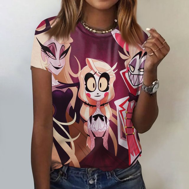 Hazbin Hotel Moda Casual Mujer Impreso Cuello Redondo Manga Corta Camiseta Top Blanco/M