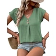 thumbnail image 4 of HUBERY Women Button Up V Neck Short Sleeve Pleated Solid Color Top, 4 of 7