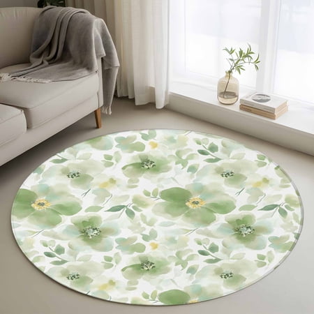 Sage Green Flower Round Area Rug 3 FT Small Kitchen Bathroom Mats Abstract Garden Botanical Leaves Washable Indoor Outdoor Throw Runner Carpet Non-Shedding Doormat for Table Shower Sofa Entryway