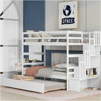 JERFIT White Twin Bunk Bed with Stairs, Trundle & Storage Drawers, Solid Wood Loft Bed