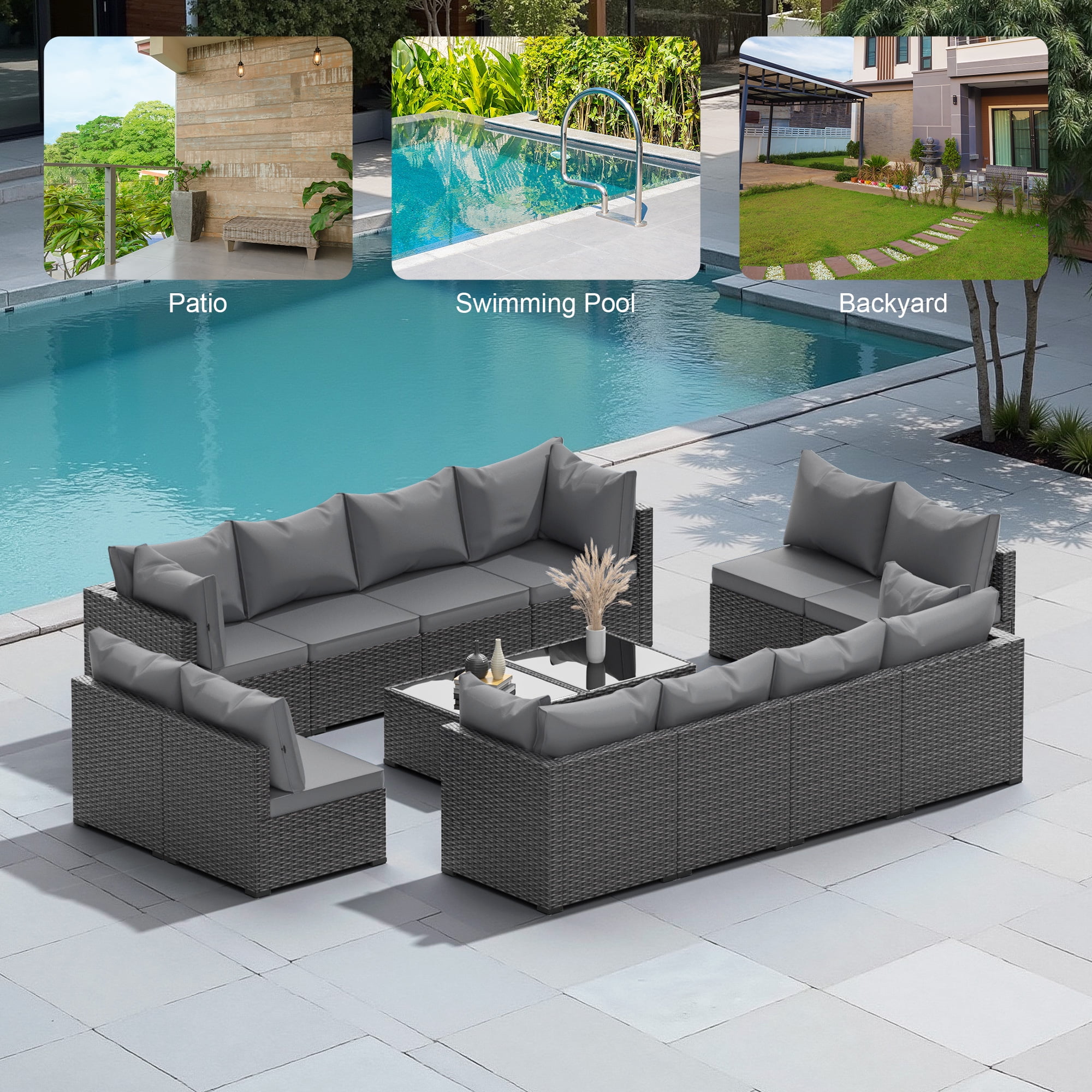 Phonjoroo Patio Furniture Set 14 Pieces Outdoor Patio Furniture Wicker Sectional Furniture Sofa Conversation Sets with Cushions All Weather Outside Patio Seating, Gray