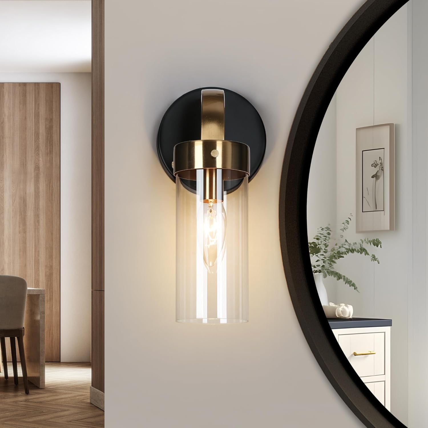 RGHJAR-Wall Sconces, Black and Gold Wall Lights for Bedroom, Modern Glass Bathroom Wall Lamps for Living Room, Hallway