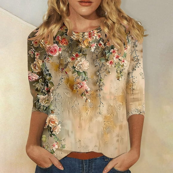 Mceream 3/4 Sleeve Shirts for Women Trendy Teen Crewneck Tops Dressy Casual Basic Tees Blouses Business Casual Fall Print Spring Clothes 2025 Sudaderas Para NiñAs M