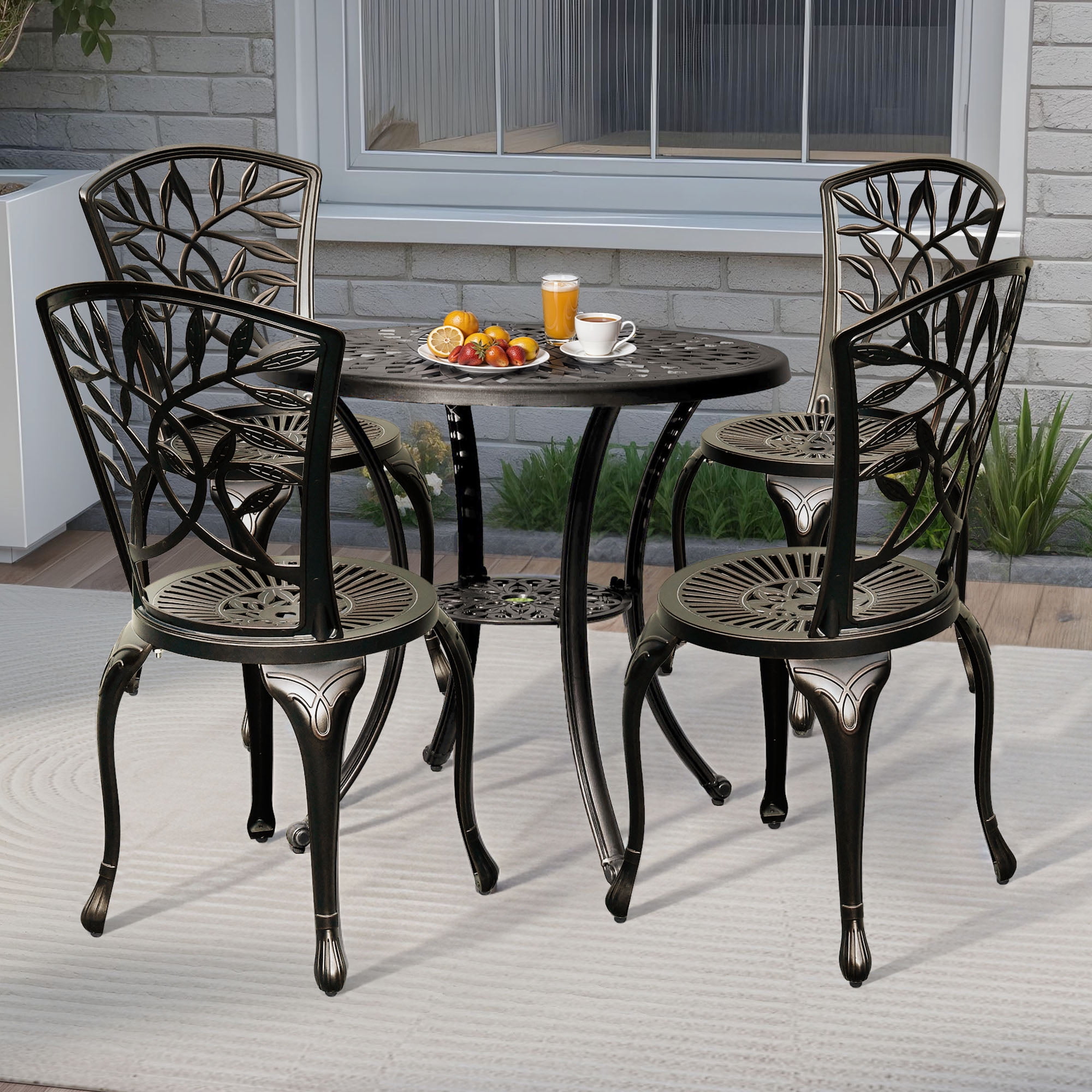 Uforic 5 Piece Outdoor Patio Furniture Patio Dining Sets, Cast Aluminum Patio Bistro Set of 4 Chairs, 30.7 Inches Round Table with Umbrella Hole