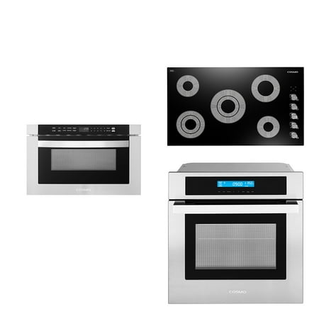 Cosmo 3 Piece Kitchen Appliance Package With 36  Electric Cooktop 24  Built-In Microwave Drawer 24  Single Electric Wall Oven Kitchen Appliance Bundles