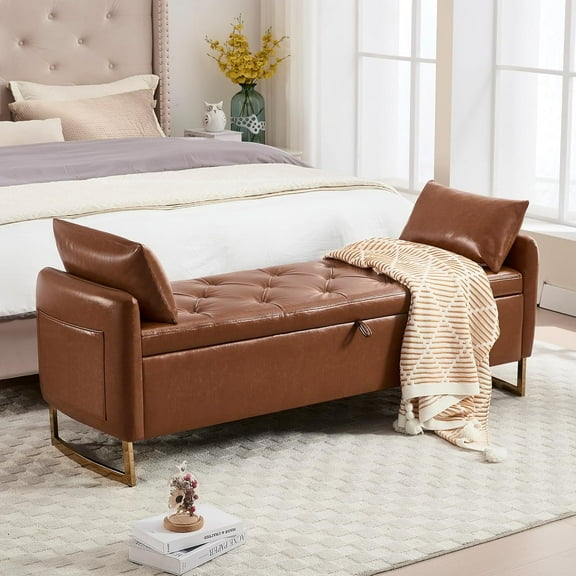 65" Storage Ottoman Bench, End of Bed Storage Bench King Size with Tufted Button Upholstered and Gold Legs, Leather Bedroom Benches with Armrests for Living Room Window, Brown