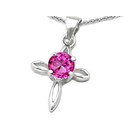 - Star K Round Created Pink Sapphire Cross Pendant Necklace in Sterling Silver