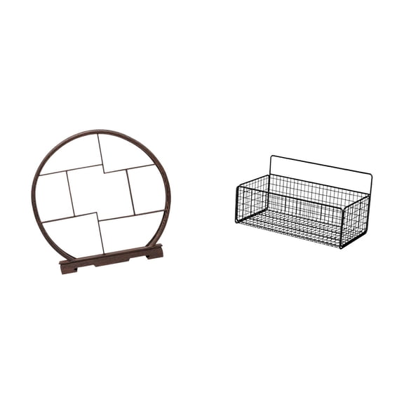 2 Pack Display Stand Storage Basket Organizer Rack Rustic Wood and Iron Wire for Kitchen Bathroom and Living Room Decor