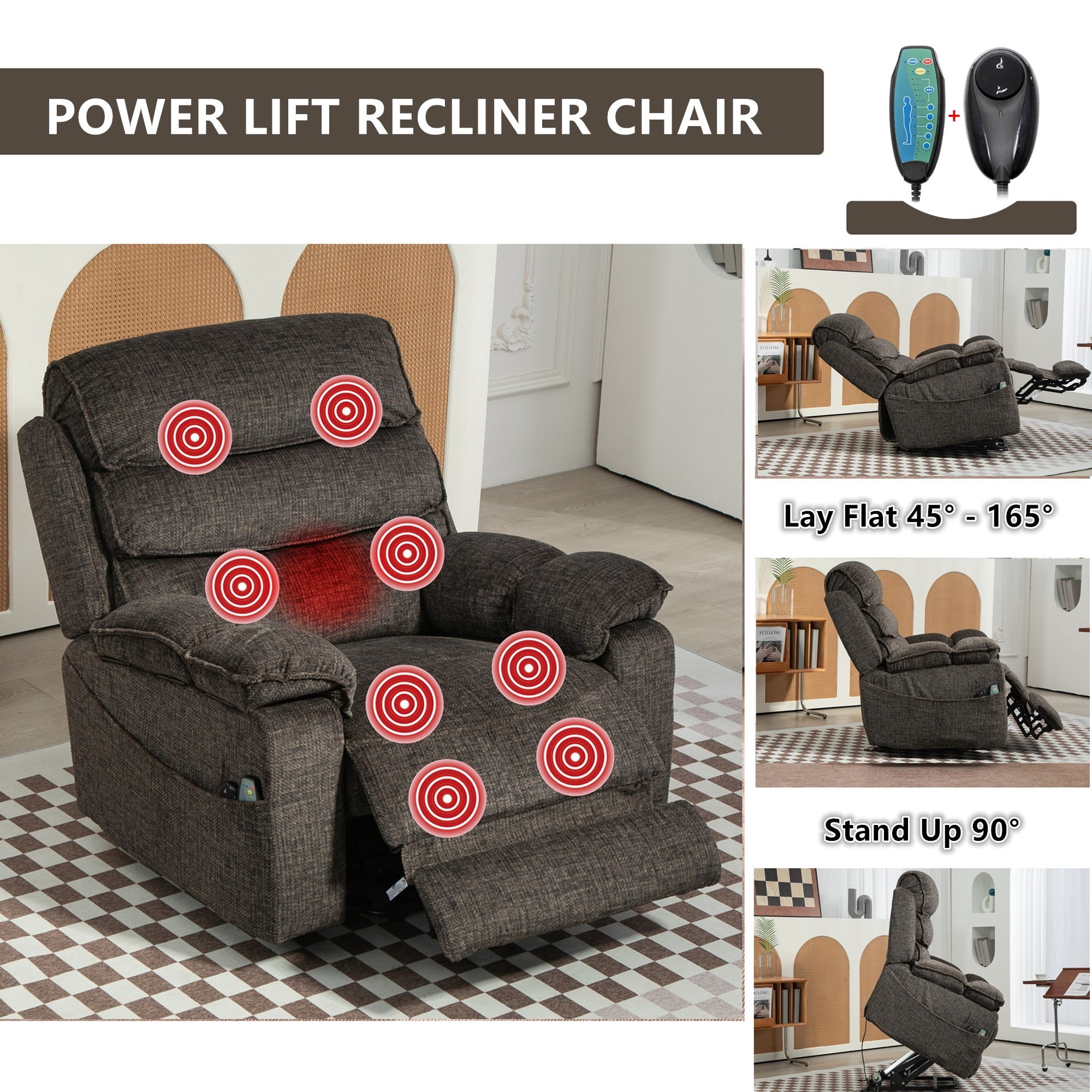 LITVZ Oversized Lift Recliner with Extended Footrest for Seniors, Heavy Duty Recliners with Heat Massage, Extra Wide Seat, Arm Storage & Cup Holders, Lay Flat 160° for Elderly Big Tall Man 400lb