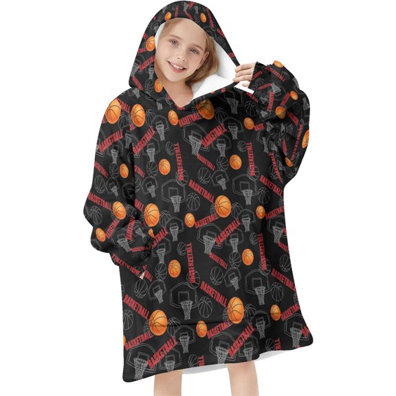 Basketball and Hoop Black Pattern Flannel Blanket Hoodies for Teens ,Teens Oversize Sherpa Wearable Hooded Blanket Sweatshirt with Super Pockets