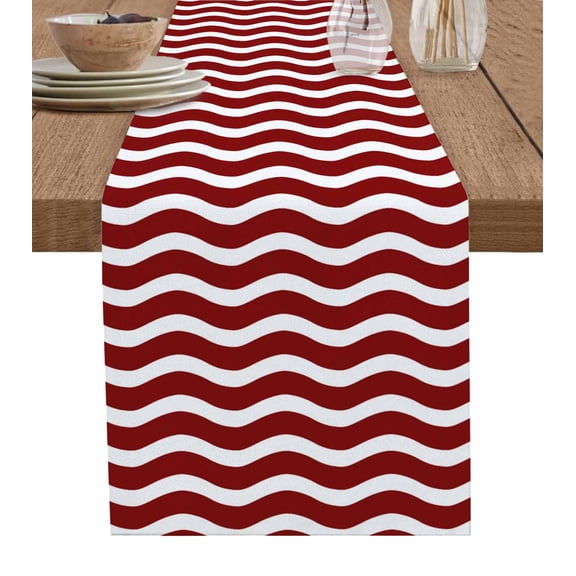Red White Burlap Cotton Table Runner 13x70 Inches Long, Modern Abstract Waves Water Ripple Striped Farmhouse Table Runners, Outdoor Dining Tablecloths Decor for Baby Shower/Party/Wedding