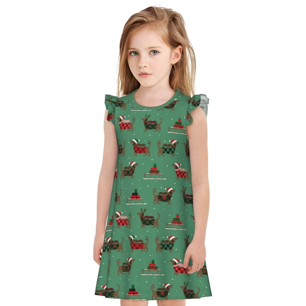 Fotbe Christmas Dachshund Vestido de Dormir para Niñas de 3 a 10 Años, Mangas Cortas, Estilo Princesa, Pijama Camisón con Mangas Voladas-X-Large