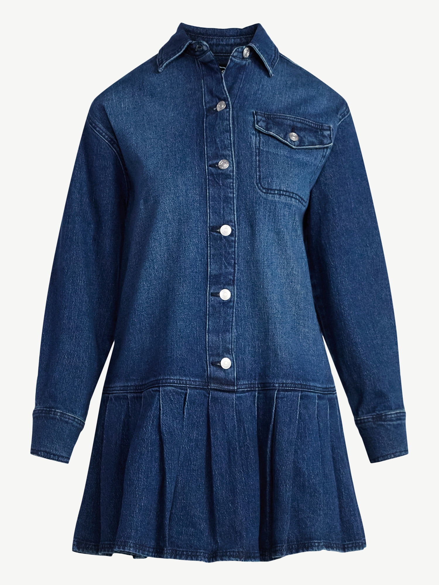 Scoop Women's and Women’s Plus Denim Pleated Mini Shirt Dress, Sizes XS-4X
