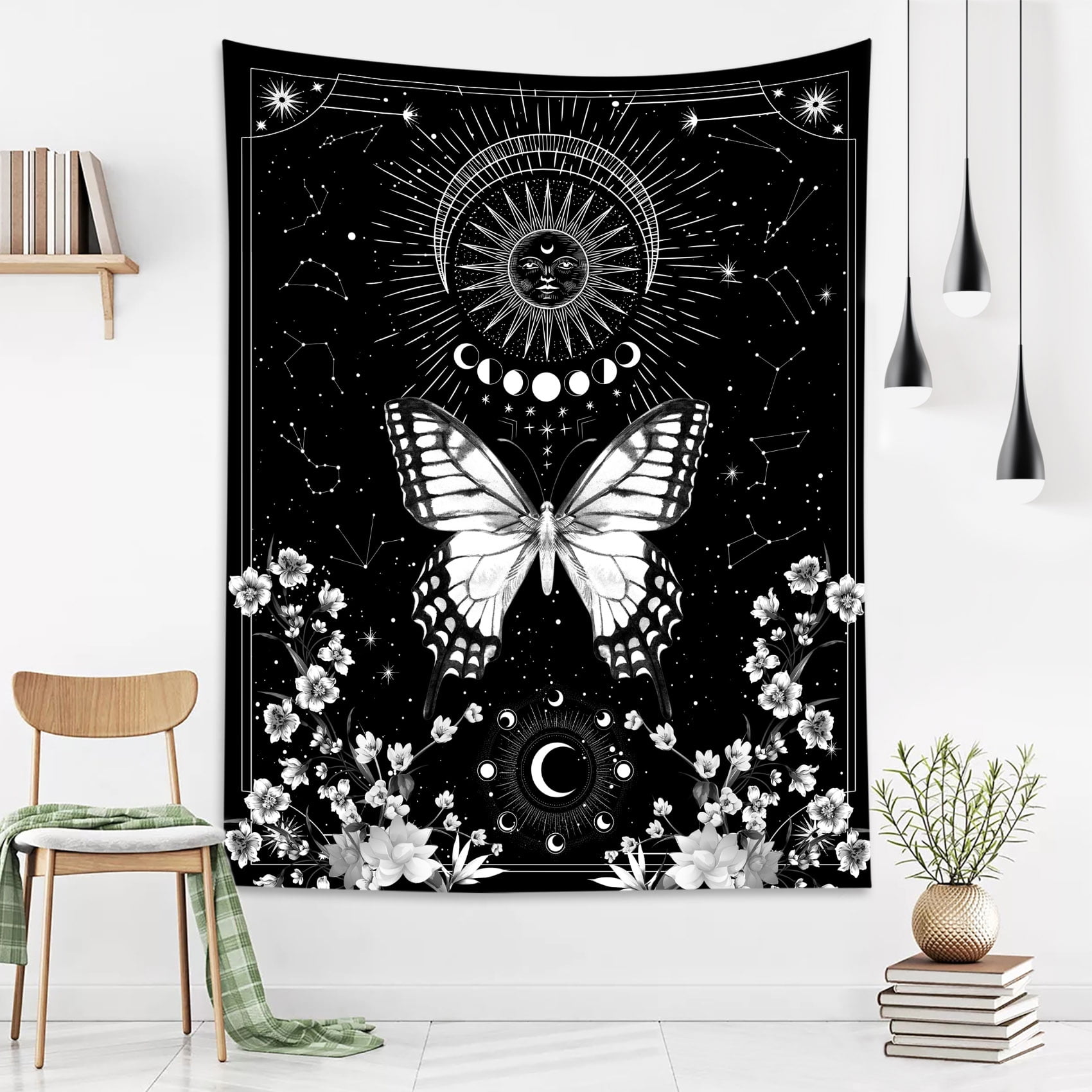 HVEST Butterfly Tapestry Black and White Plants Floral Tapestries Sun ...