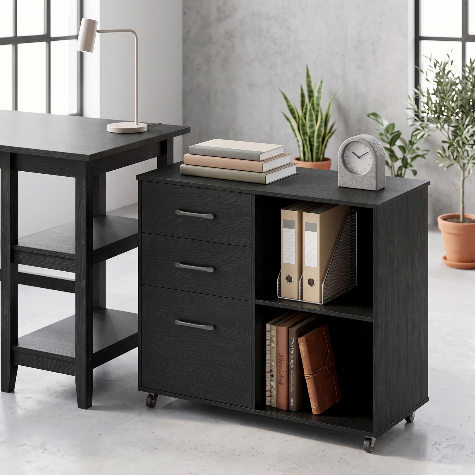 Furnibear 3-Drawer Mobile Lateral File Cabinet Printer Stand, Rolling Wood Filing Cabinet with Locking Wheels and 3-Level Shelf for Home Office, Holds A4 and, Black