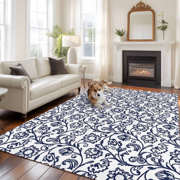 6'x9' Area Rugs, Navy Blue Floral Indoor Outdoor Area Rug for Living Room Bedroom, Vintage Art Flowers Pattern Washable Bathroom Rugs Kitchen Floor Carpet Mats Home Decor Aesthetic
