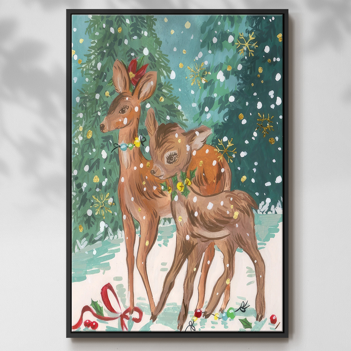 Doe and Fawn I - Framed Gallery Wrapped Holiday Canvas - 25 x 37 - Black Frame