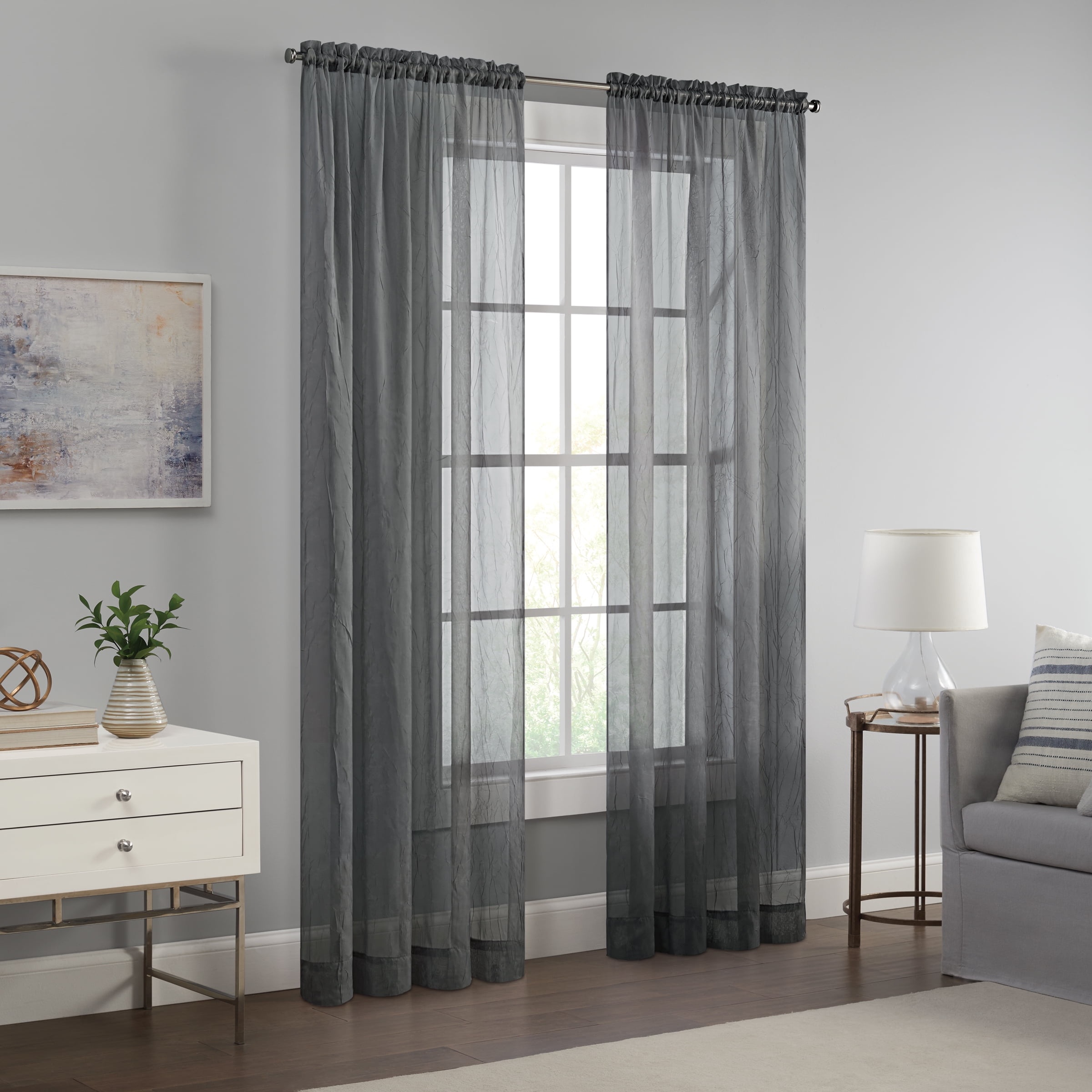 Eclipse Emina Crushed Sheer Voile Window Curtain Panel, Rod Pocket, 1 Panel, 52 In Wide x 95 In Long, Grey