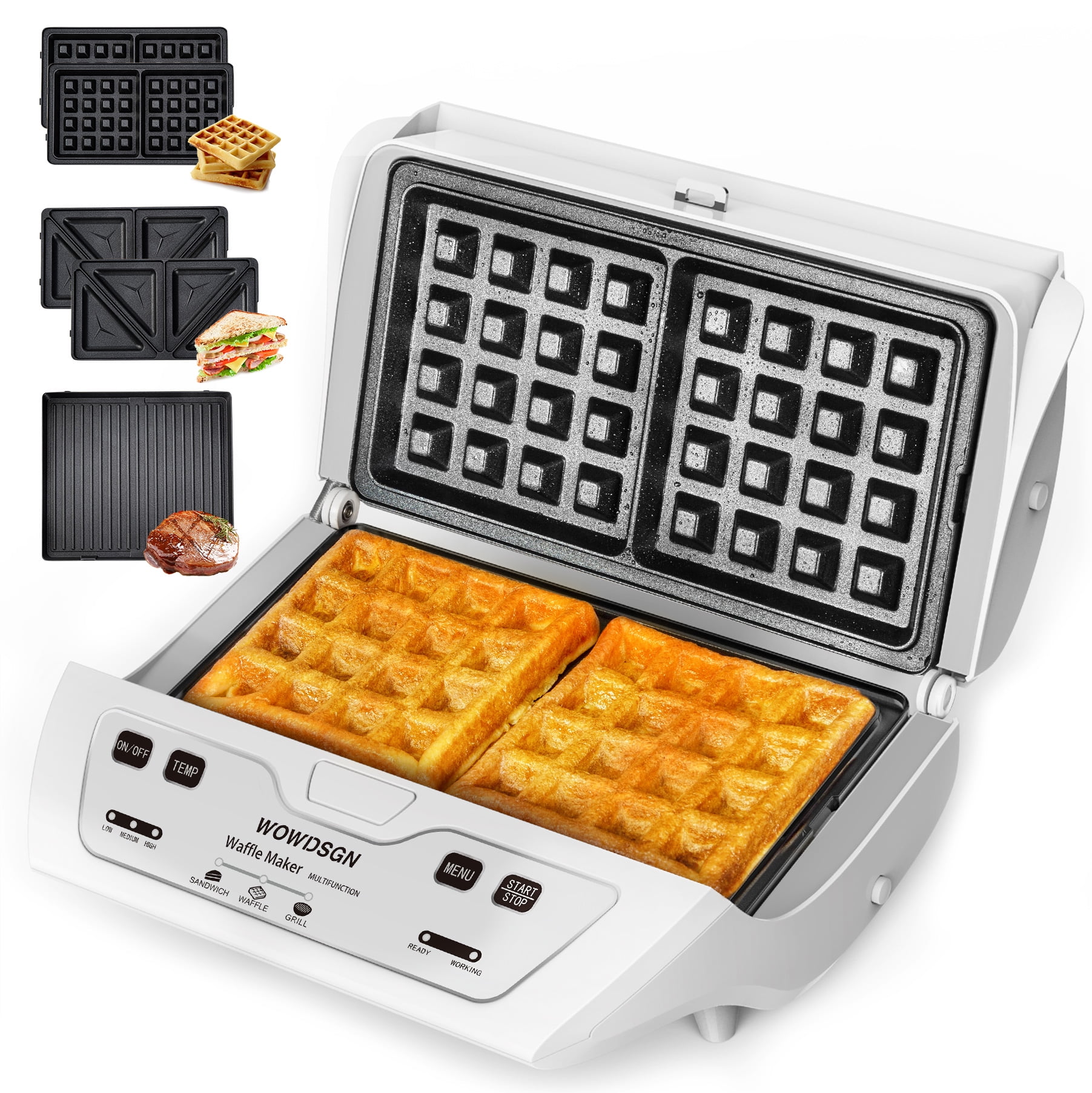 WOWDSGN Belgian waffle maker, 3-in-1 Sandwich Maker Waffle Iron Machine,1000W  Electric Grill with Removable Non-stick Plates,3-Level Temperature Control,Easy  to Clean,Touch Button, Silicone Tong Gift - Walmart.com