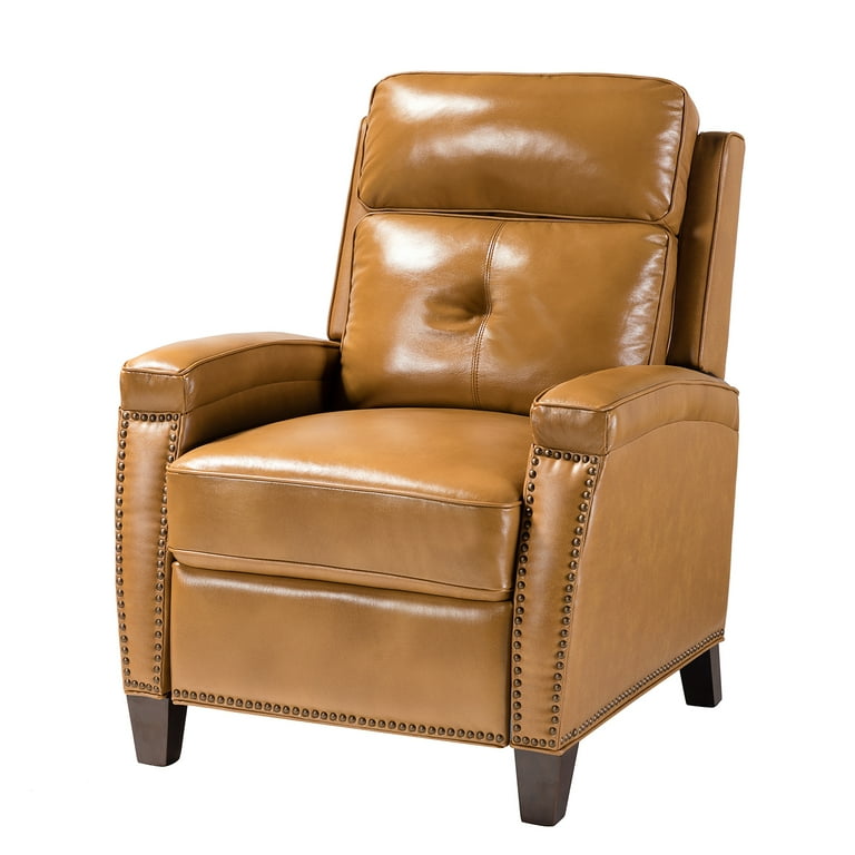 14 Karat Home Genuine Leather Recliner Cigar Chair Birch Wood Legs Nailhead Trim Living Room Bedroom Camel