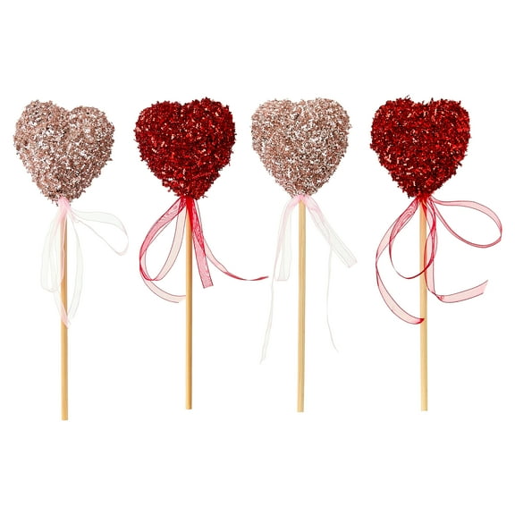 Tinsel Heart Decorative Picks, Red and Pink, 8", 4 Count, Valentine's Day by Way To Celebrate