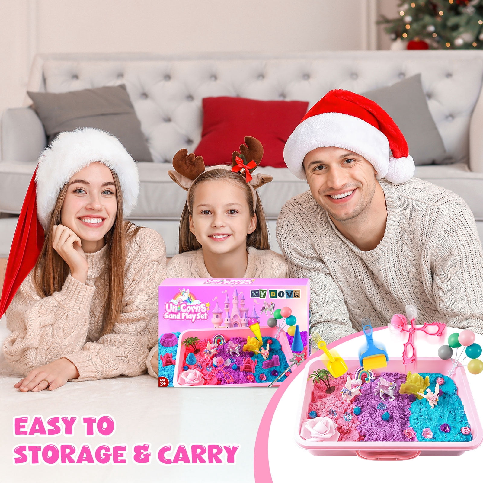 Mydova Unicorn Sensory Sand Kit for Girls Ages 3-8 – 3.3lbs Colorful Play Sand, Unicorn Toys, Castle & Ice Cream Molds, Tools & Sandbox with Lid – Great Christmas & Birthday Magic Sand Gift