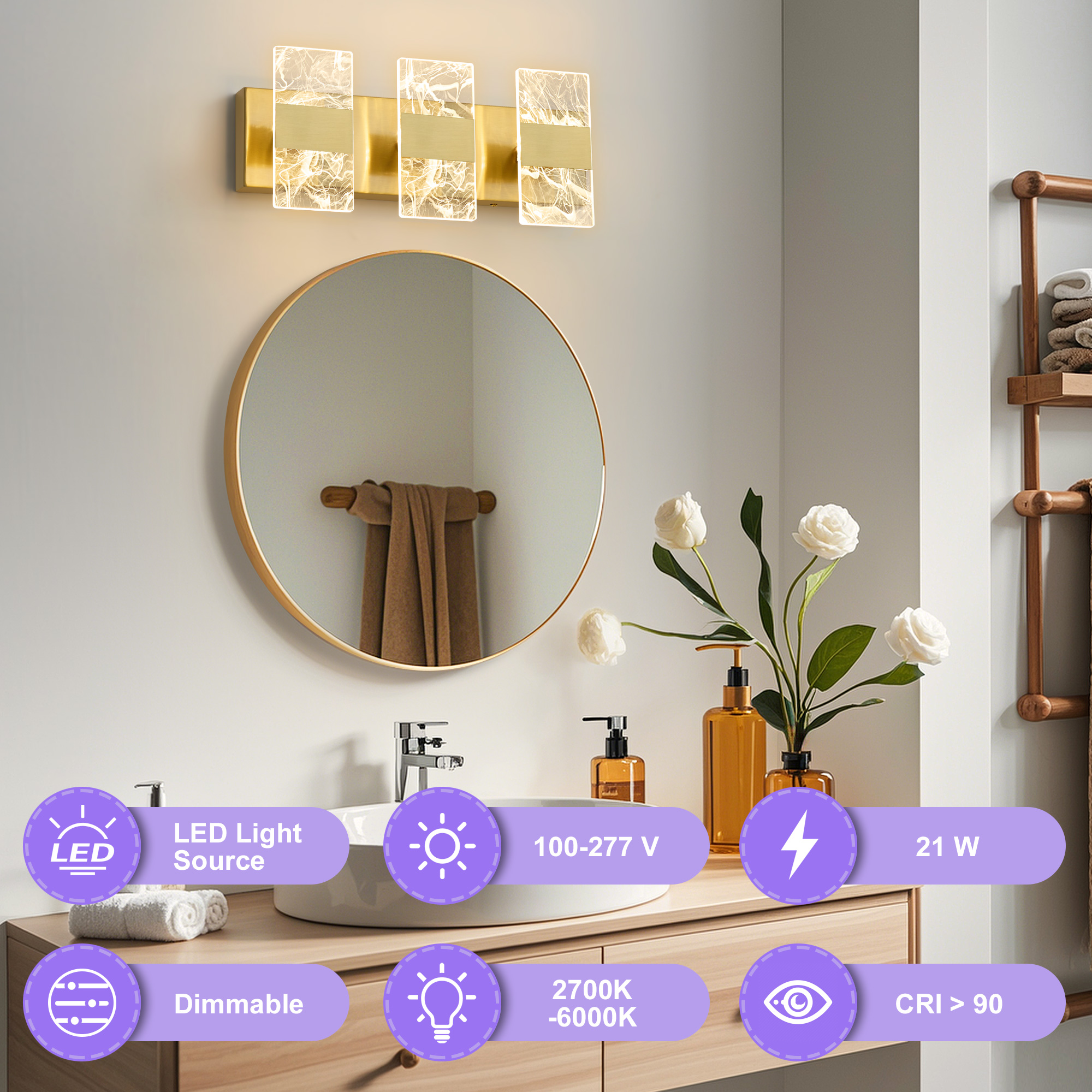 Deyidn 3-Light Gold Dimmable LED Bathroom Vanity Light, 16.54-Inch Modern Wall Mirror Light for Vanity Mirror and Powder Room