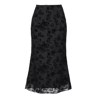 Women's Floral Midi Skirt - Navy Blue High Waist A-Line Skirt With Pink Flowers & Elastic Waist