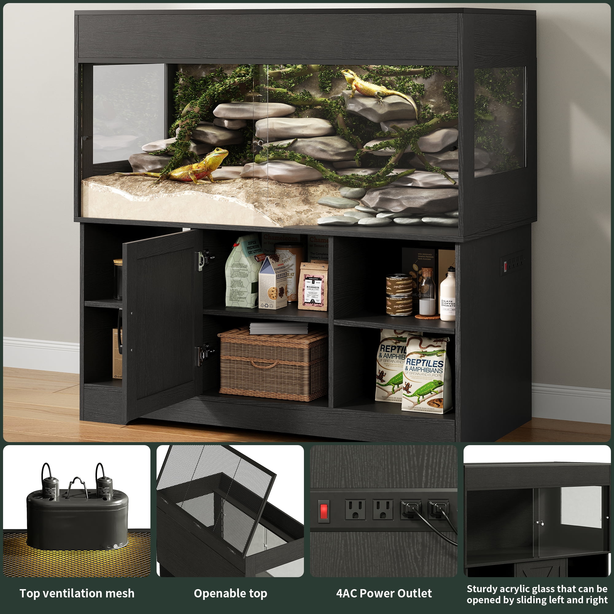 Herture 120 Gallon Reptile Tank with Stand, 4x2x2 Terrarium Enclosure for Bearded Dragons, Snakes, Lizards ?Sliding Acrylic Doors, Mesh Top, Storage Cabinet, Built-in Power Outlet Black PX01RTB