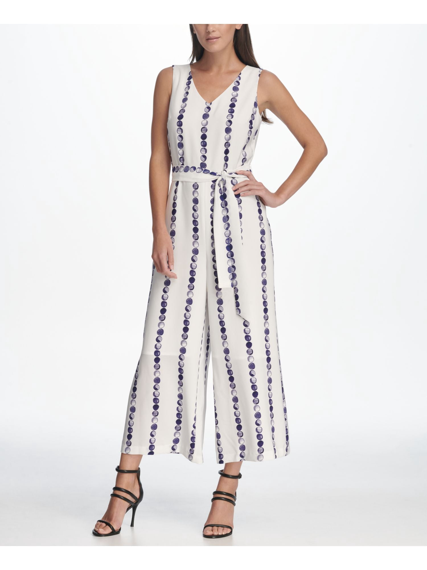 DKNY Womens White Belted Printed Sleeveless V Neck Wide Leg Jumpsuit Size 14 DKNY Womens White Belted Printed Sleeveless V Neck Wide Leg Jumpsuit Size 14