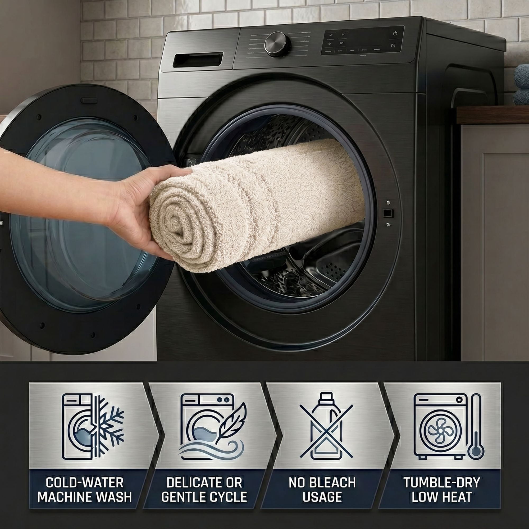Superior Solid Bordered Cotton Washable Non-Slip Bath Rug, Runner Size, Cream