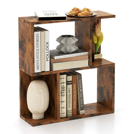 Costway 1 PCS 3-Tier Bookshelf Geometric Bookcase Side Table with Open Storage Display Shelf Brown