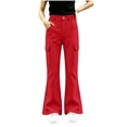 thumbnail image 7 of Girls Flare Cargo Pants Casual Stretch High Waist Pull On Kids Wide Leg Pants Red 12, 7 of 7