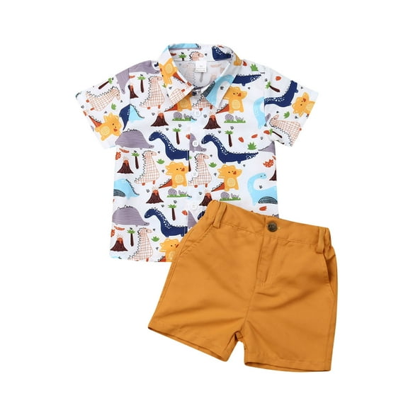 Loalirando Toddler Baby Boy Dinosaur Print Shirt Outfits Casual Button Down Top Solid Shorts Set Summer Clothes