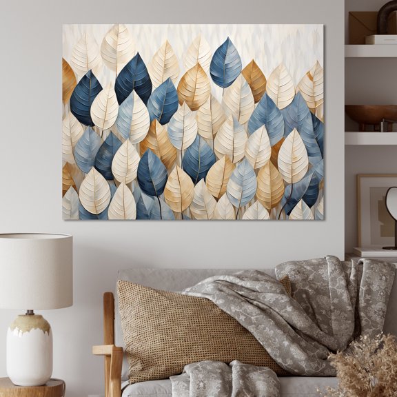 Designart "Collage Of Beige And Blue Minimalism Leaves I" Leaves Wall Decor
