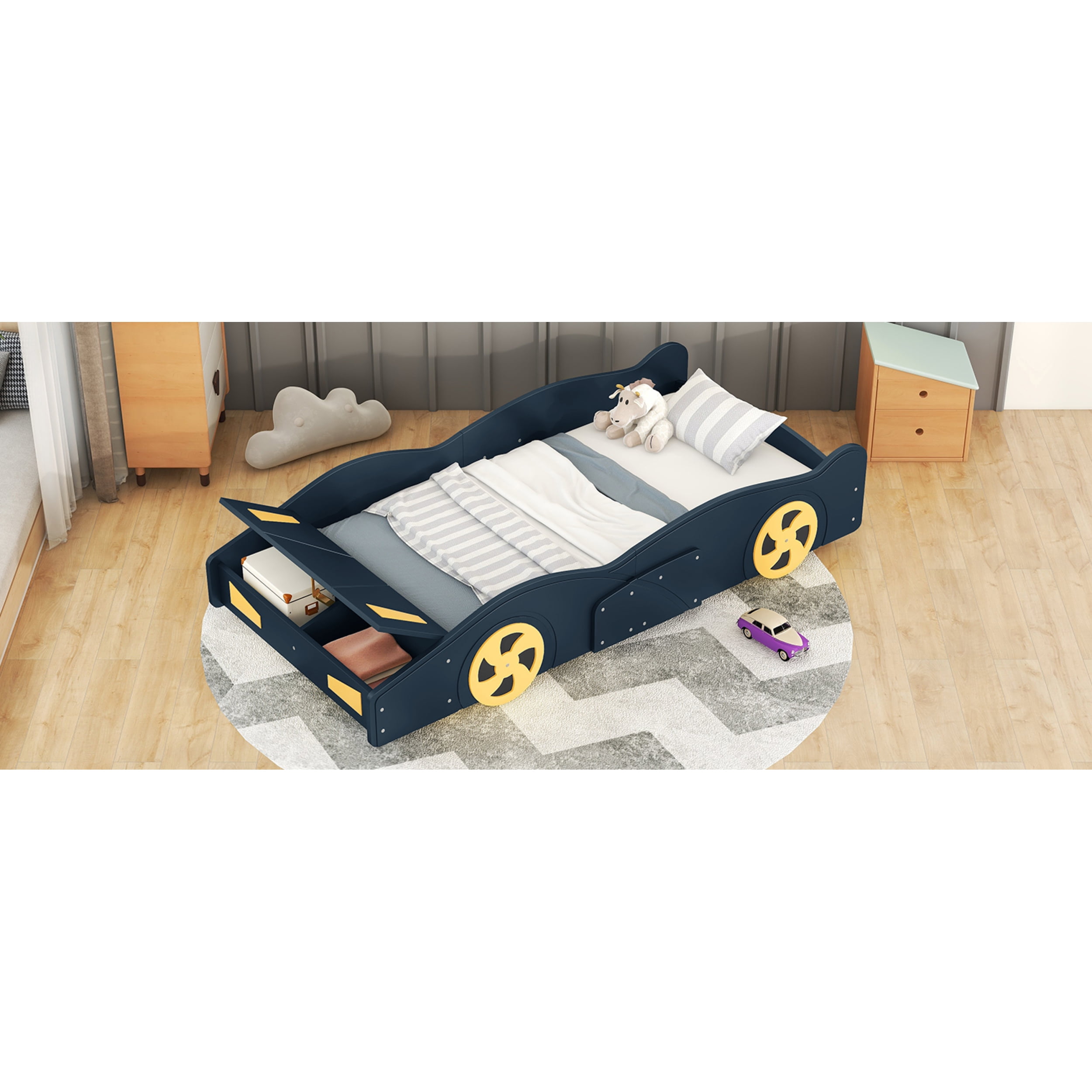 Twin Size Race Car-Shaped Platform Bed with Wheels and Storage, Dark Blue&Yellow 59AAC