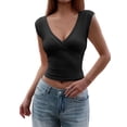 thumbnail image 2 of Women'S Y2K V-Neck Wrap Front Cap Sleeve Fitted Cropped Tank Tops Black S, 2 of 9