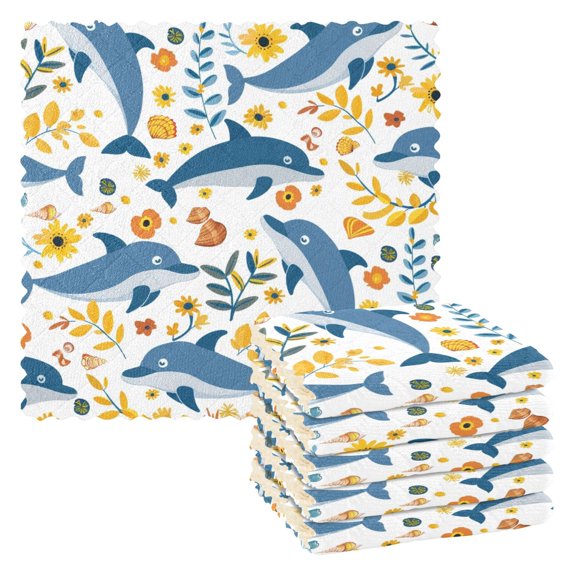 6 Packs Dolphin Sunflower Shell Leaf Kitchen Dish Towels Soft Absorbent Dish Cloths 11"x11"