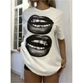 thumbnail image 2 of Oversized Casual Round Neck Short Sleeve Tee With Teeth & Lip Graphic, Loose Fit Cotton Pullover T-Shirt For Women, Summer, 2 of 5