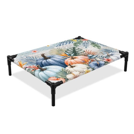 Tropical Thanksgiving Elevated Dog Bed Fall Orange Blue Pumpkin Palm Leaf Wooden Cooling Breathable Outdoor Raised Dog Cot Bed with Metal Frame Non-Slip Feet for Large Dog 28x22in