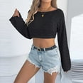 thumbnail image 5 of Womens Cropped Tops Summer Fashion Knit Hollow out Long Sleeves Crewneck T-Shirt Loose Comfy Sweater Knitwear Black X-Large, 5 of 5