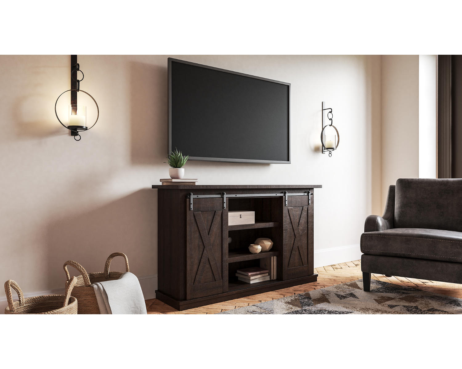 Signature Design by Ashley Camiburg Farmhouse TV Stand Fits TVs up to 50 with Sliding Barn Doors and Storage Shelves