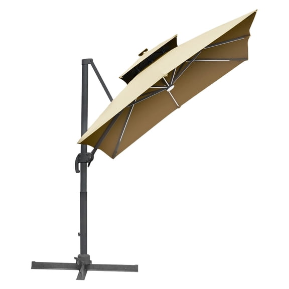 10ft Solar LED Cantilever Umbrella, Outdoor Patio Offset Umbrella with 360° Rotation & Tilt, Khaki
