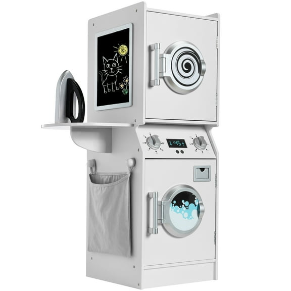 Best Choice Products Pretend Play Kids Wooden Stacked Washer & Dryer Set w/ Toy Laundry Storage and Accessories - White