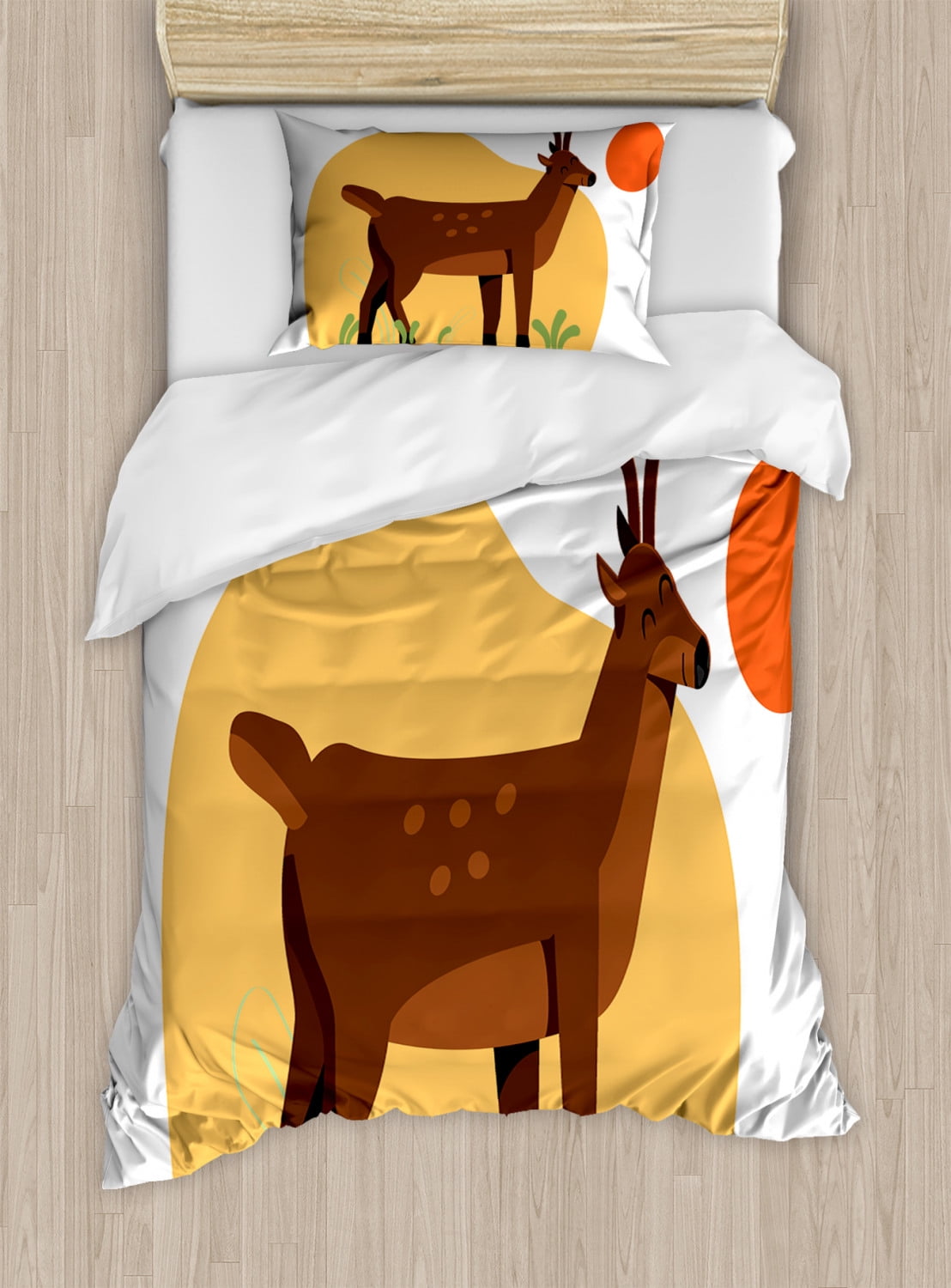 Deer Hunting Duvet Cover Set Twin Size, Happy Reindeer Colorful Meadow