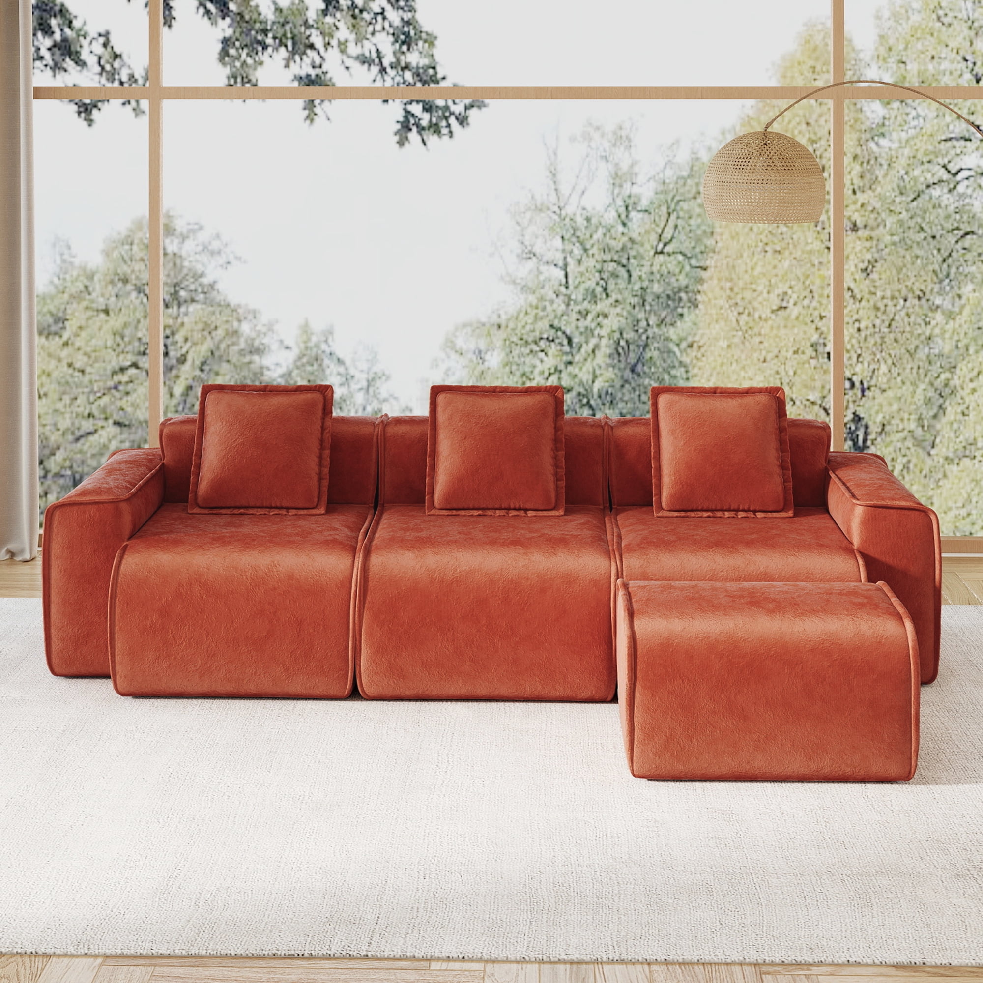 109" 3-Seat Modular U-Shaped Sectional Sofa, Red Velvet with 1 Movable Ottomans & Throw Pillows, No Assembly Required