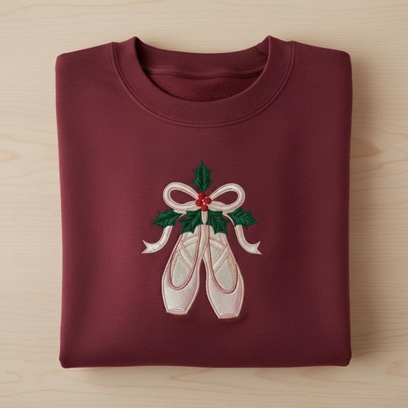 Embroidered Christmas Ballet Pointe Shoes Sweatshirt, Holly and Ribbon Dancer Crewneck, Nutcracker Inspired Ballet Embroidered Shirt, Xmas