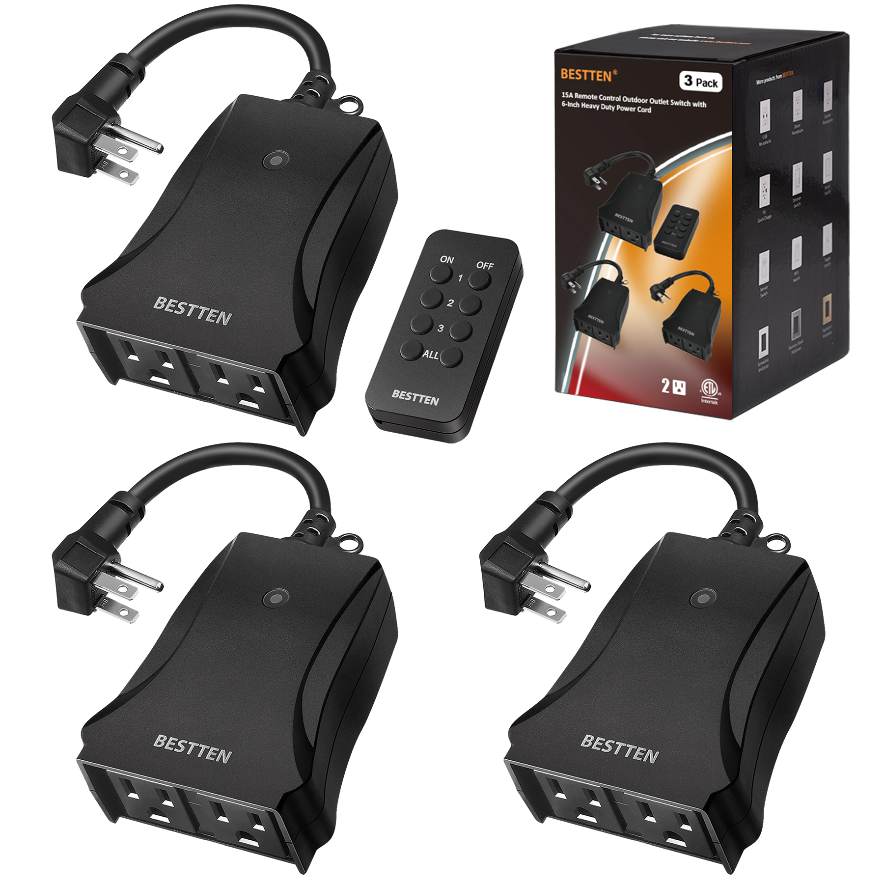[3 Pack] BESTTEN Wireless Remote Control Outdoor Outlet Switch with 6